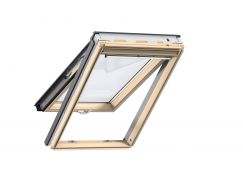 Fenêtre de toit à projection en bois 114 cm x 118 cm Bois de pin verni transparent Profilés extérieurs en aluminium Vitrage double Thermo 1